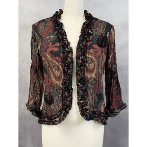 Agora Paisley Ruffle Open Front Jacket Women Medium Romantic Boho Artsy Fairy